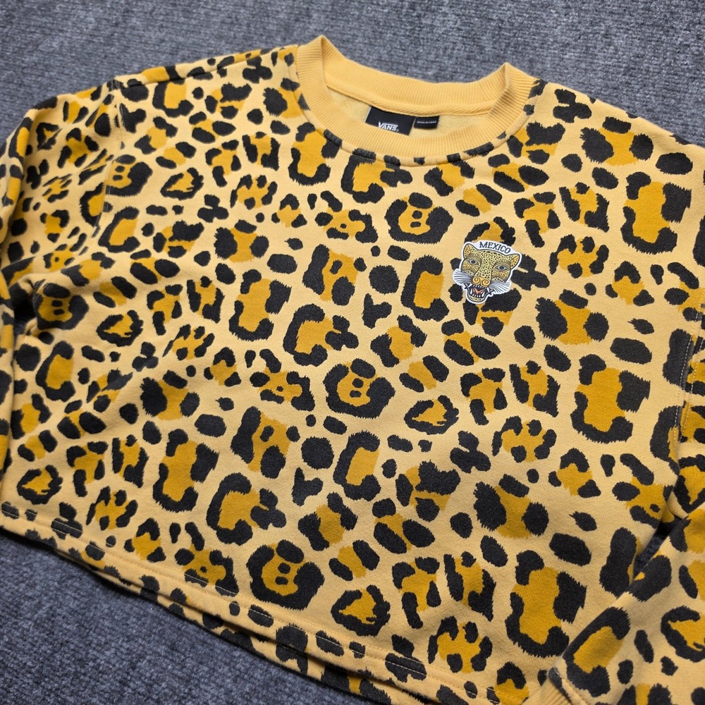 Vans Yellow Leopard Print Cropped Sweatshirt Mexico Jaguar Patch Small